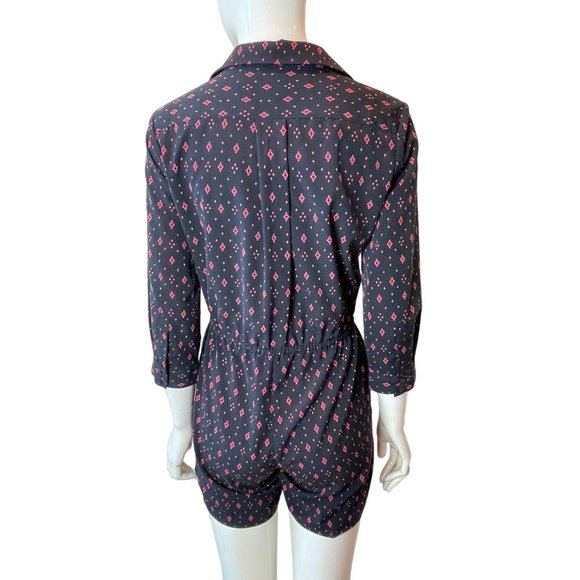 Banana Republic Women Geometric Romper Front Button Drawstring 3/4 Sleeve Blue 0 - Picture 2 of 9